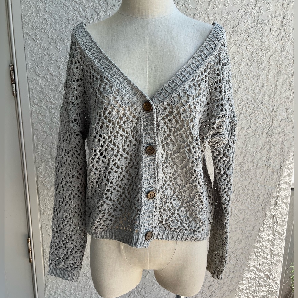 Nicole Miller Artelier Crochet Knit Button Down Sweater- sz Small- Muted Sage